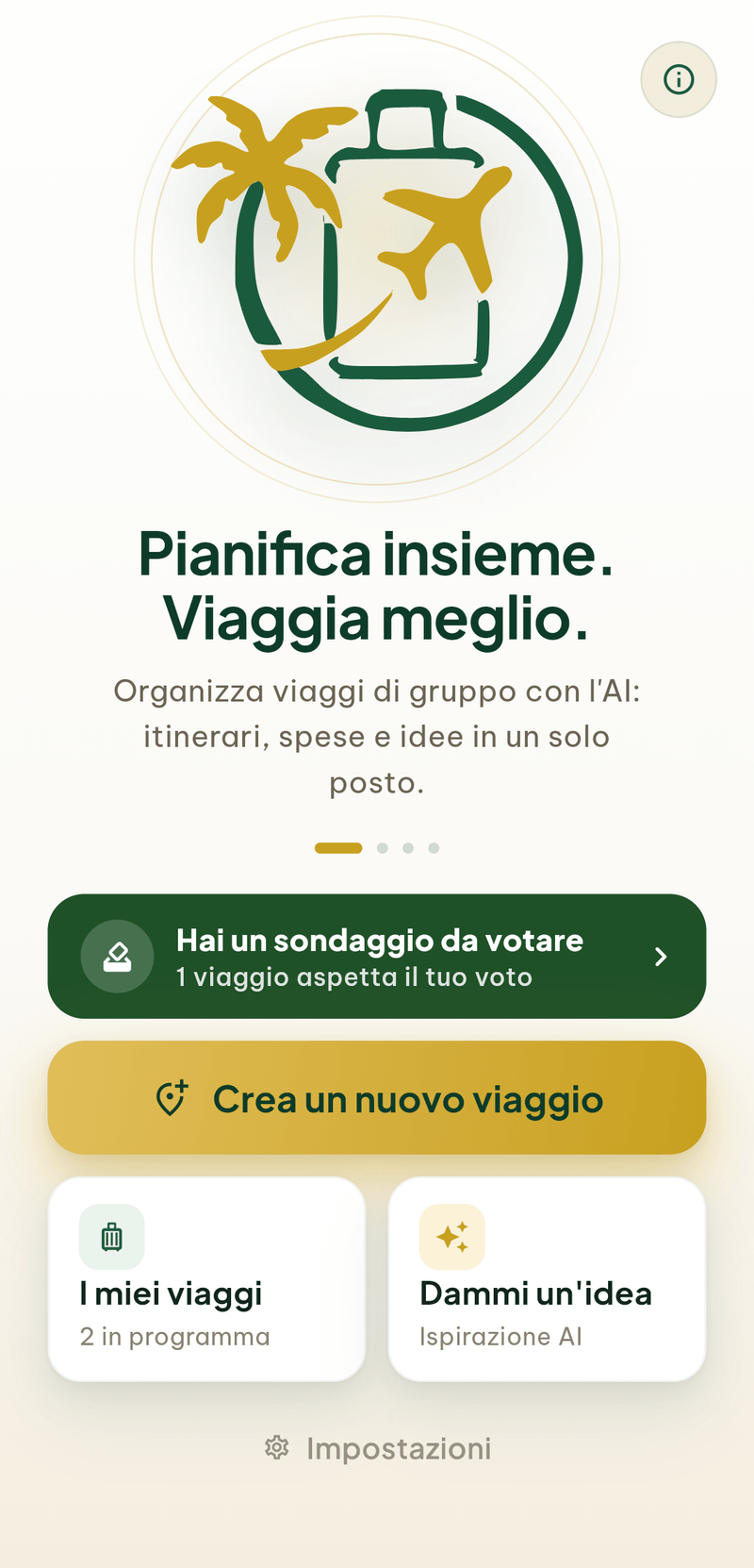 La schermata d’apertura di Linki: l’emblema con la palma, la valigia e l’aereo in oro e verde, e i pulsanti «Crea un nuovo viaggio», «I miei viaggi» e «Dammi un’idea».