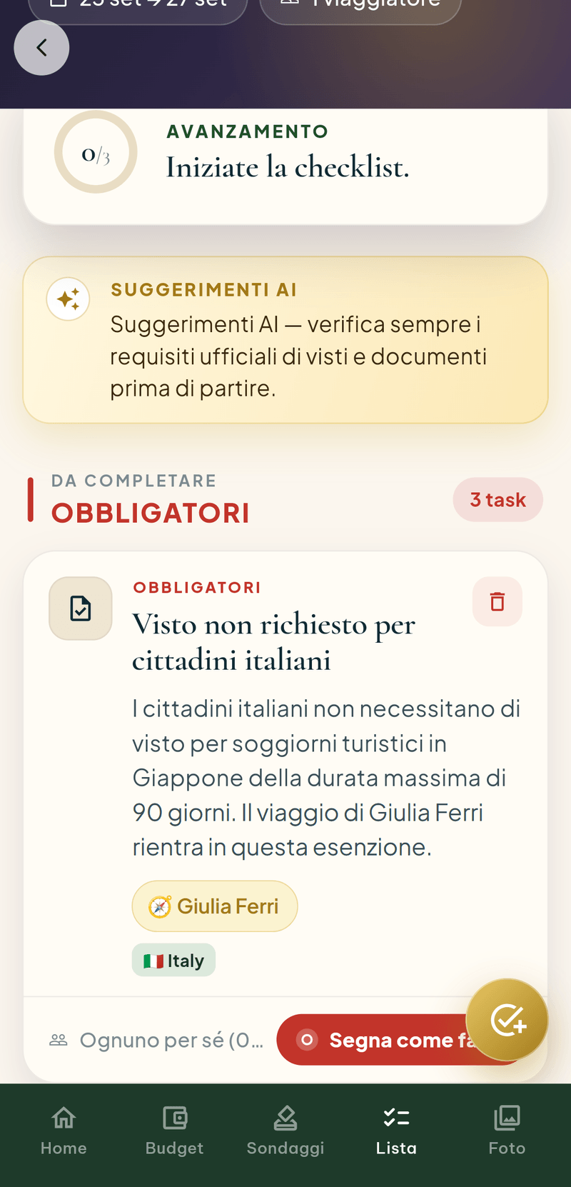 La checklist prima di partire, con l’intestazione del viaggio e i task da spuntare.