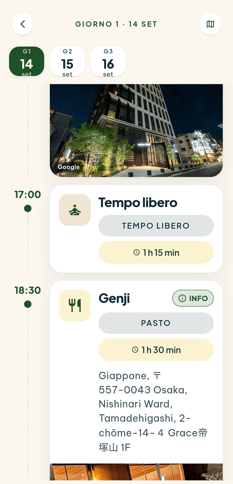 Il programma di una giornata a Osaka: le 17:00 con un blocco di tempo libero da un’ora e un quarto, le 18:30 con la cena da Genji e il suo indirizzo.