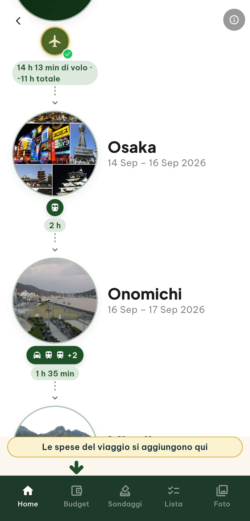 La timeline di un viaggio in Giappone: Milano, poi il volo di 14 ore con la spunta del biglietto, poi Osaka, il treno di due ore per Onomichi e una catena di tre mezzi per Miyajima.