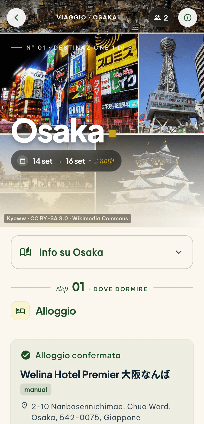La pagina della tappa di Osaka: la copertina con quattro fotografie della città, le date, e il passo «dove dormire» con l’alloggio già confermato.