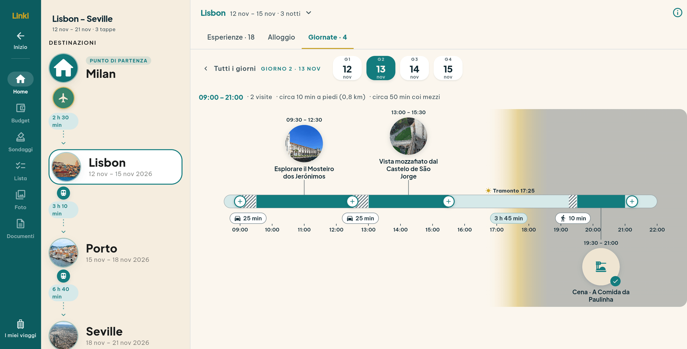 Linki sul tablet, dal browser: la colonna delle tappe e il secondo giorno a Lisbona disegnato come una linea del tempo dalle 9 alle 22, con il Mosteiro dos Jerónimos e il Castello di São Jorge sopra la linea, la cena sotto, i minuti di spostamento e la sera che scurisce dopo il tramonto.