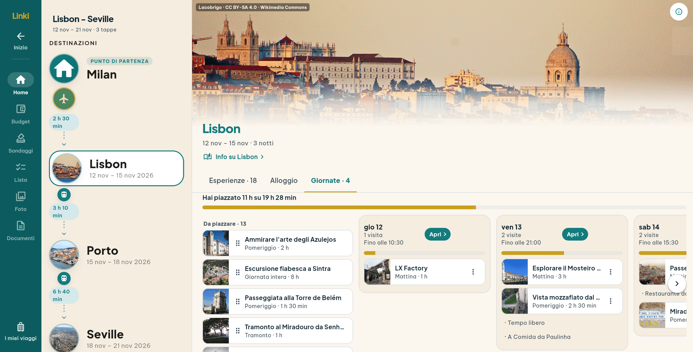Linki aperto nel browser di un computer: a sinistra la barra e la colonna delle tappe, da Milano a Siviglia; a destra la tappa di Lisbona, con la foto della città, l’elenco delle esperienze ancora da piazzare e una colonna per ogni giorno.