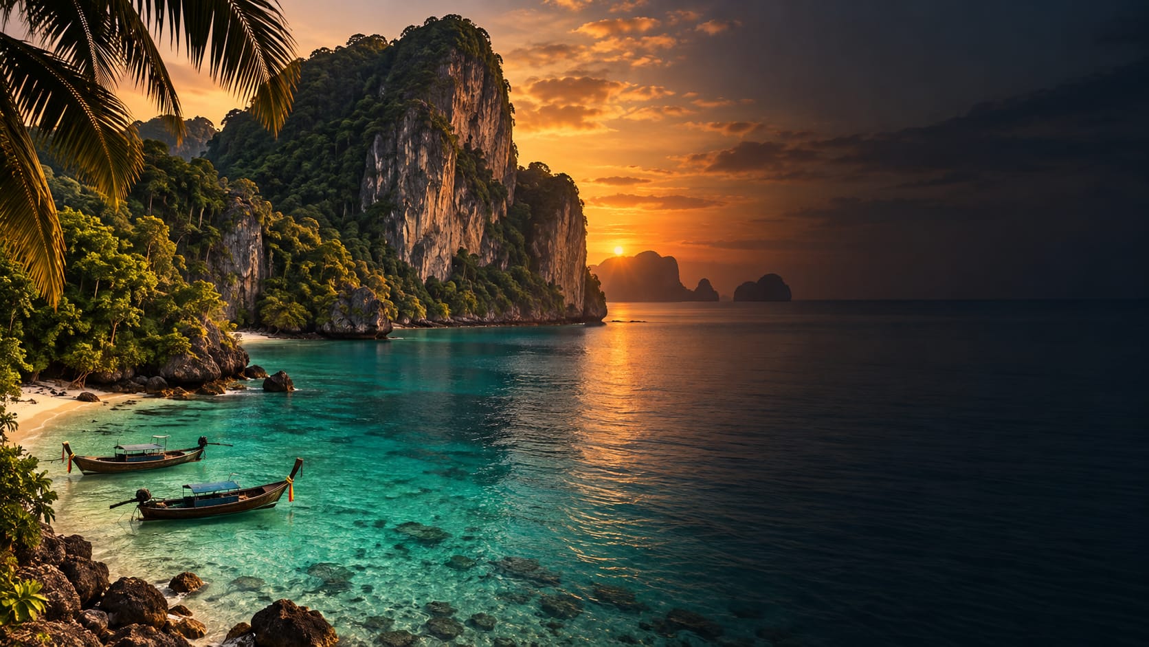Una baia di un’isola thailandese al tramonto: una falesia coperta di vegetazione, due barche a coda lunga ormeggiate, l’acqua che passa dal turchese al verde profondo.