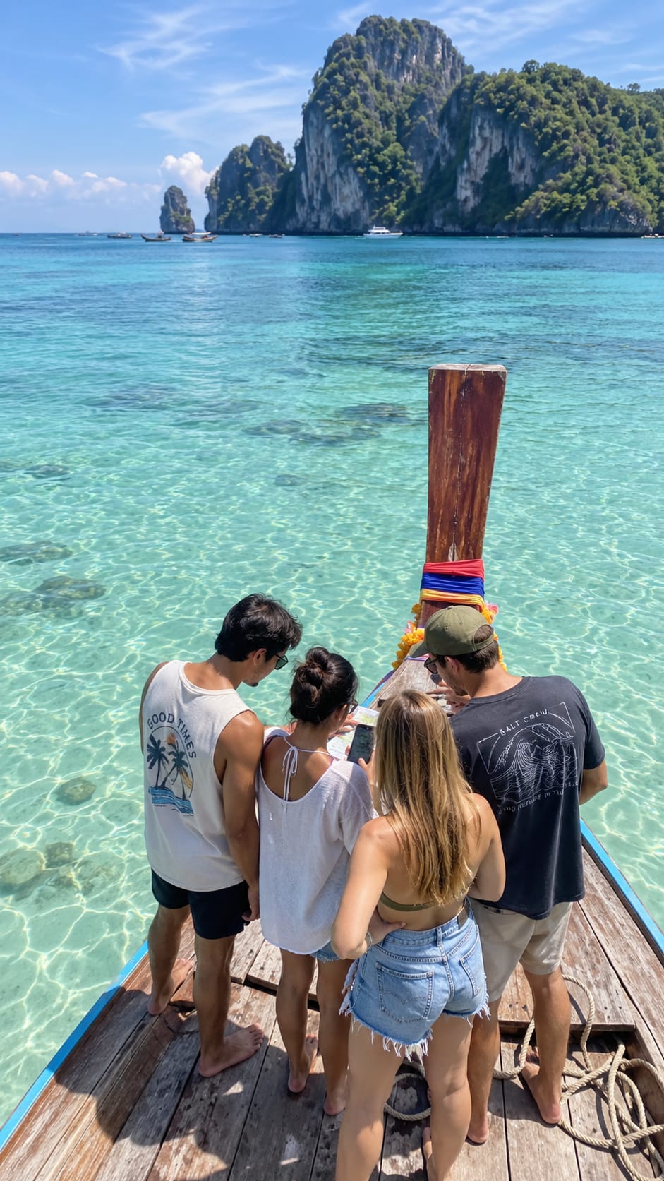 Quattro amici in piedi sulla prua di una barca a coda lunga, di spalle, chini sul telefono di uno di loro; intorno acqua turchese trasparente e falesie verdi.