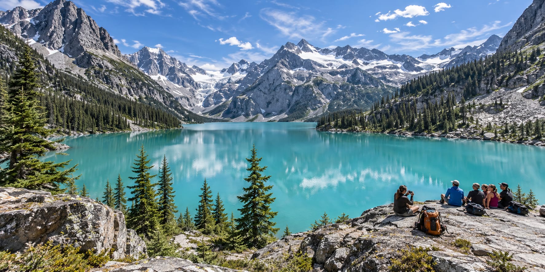 Un lago di montagna turchese fra cime innevate e abeti; su una roccia a destra un gruppo di amici seduti, uno fotografa gli altri.