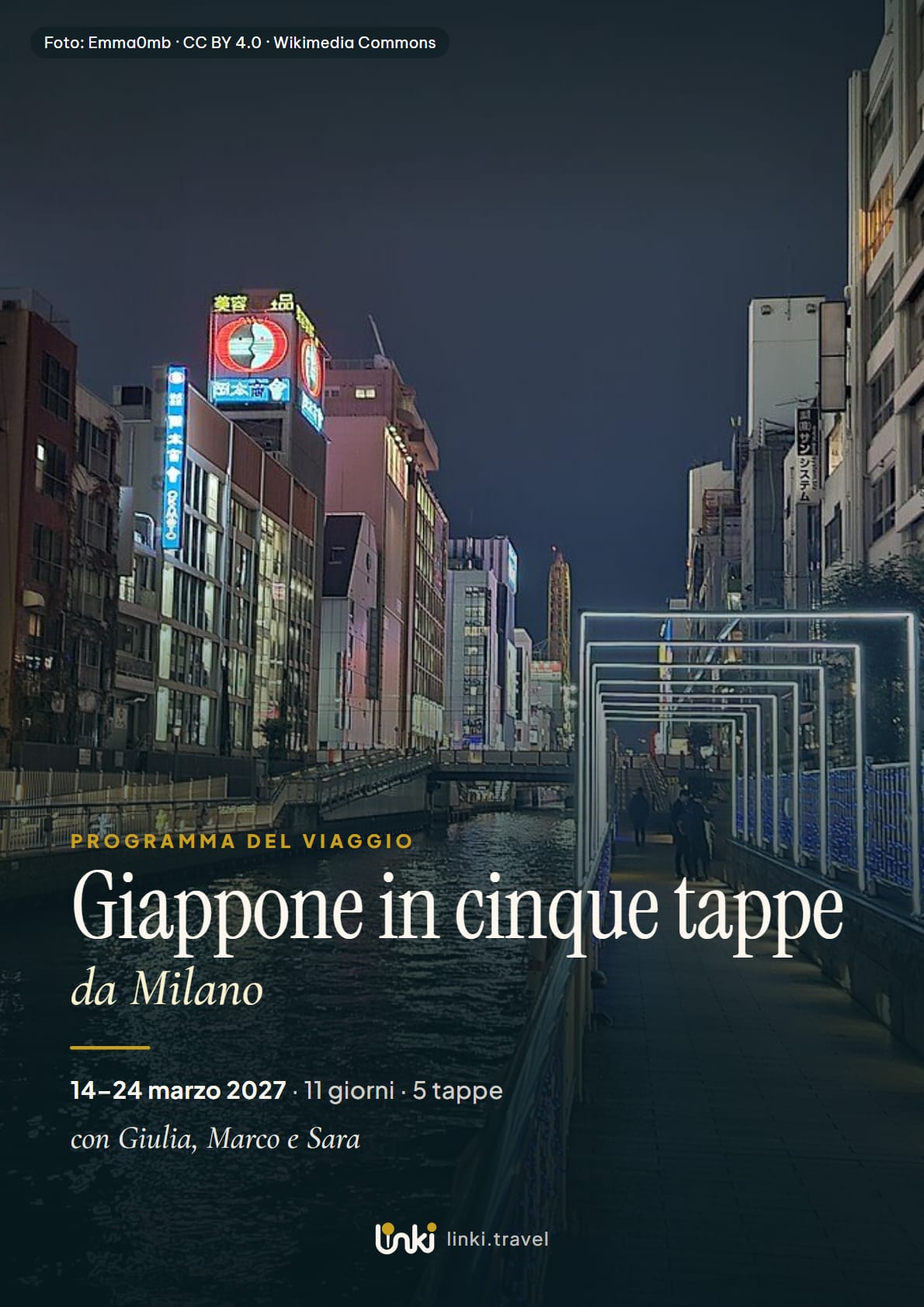 La copertina del PDF: una fotografia notturna del canale di Dōtonbori a Osaka e, sopra, il titolo «Giappone in cinque tappe, da Milano», le date dal 14 al 24 marzo 2027 e i nomi di chi parte.
